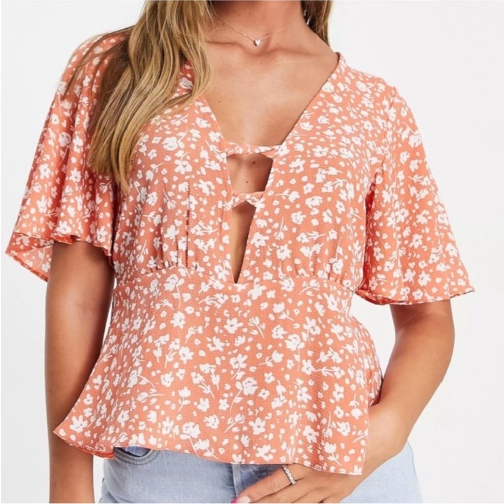 ASOS tea blouse with peplum hem rust floral sz 6/med